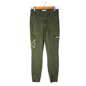 Anthropologie Austen Embroidered Utility Pants Army Green Ankle Skinny (25)